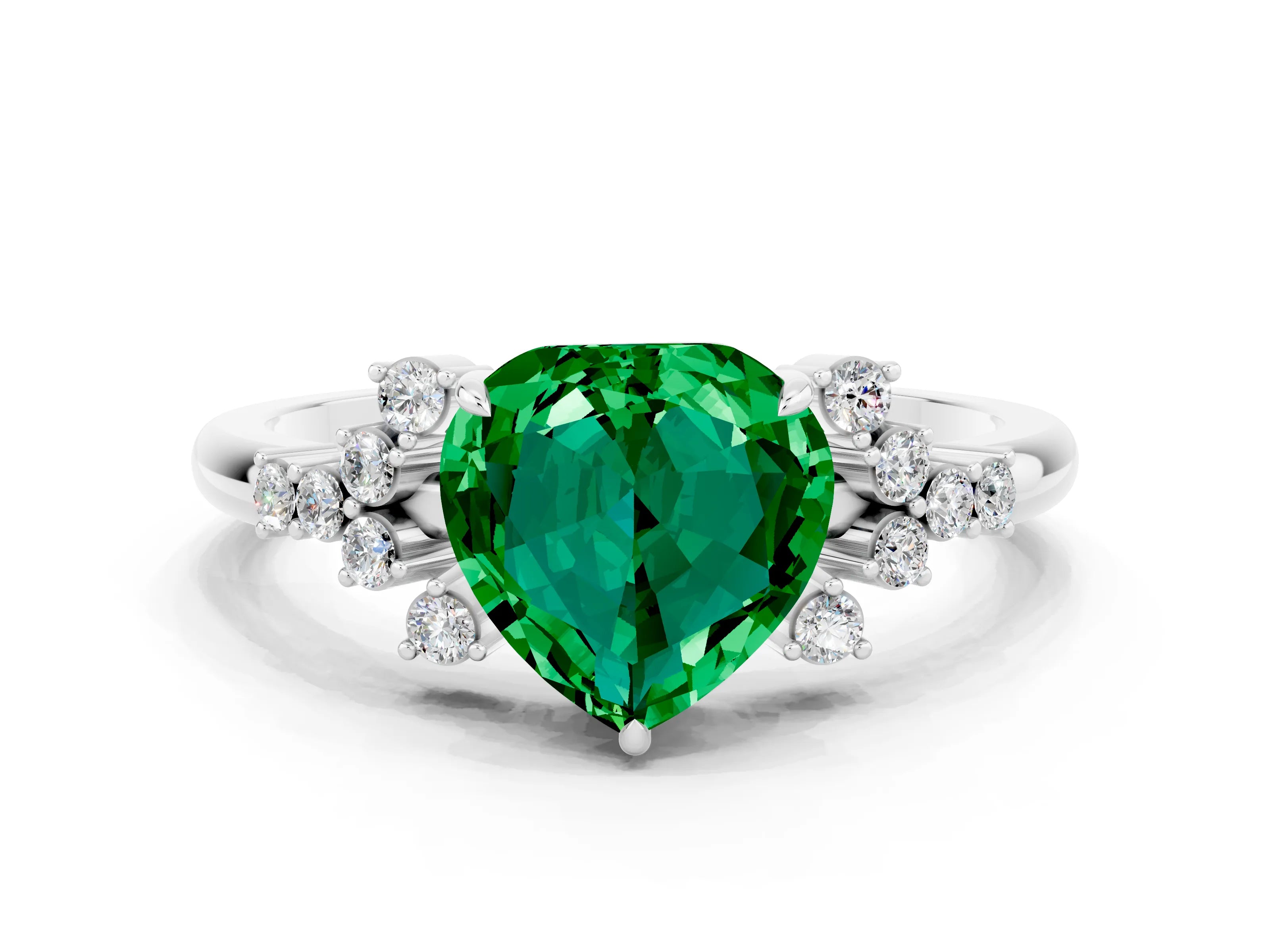 White gold Heart Cut Emerald Ring with Side Stones and Four-Prong Setting_36