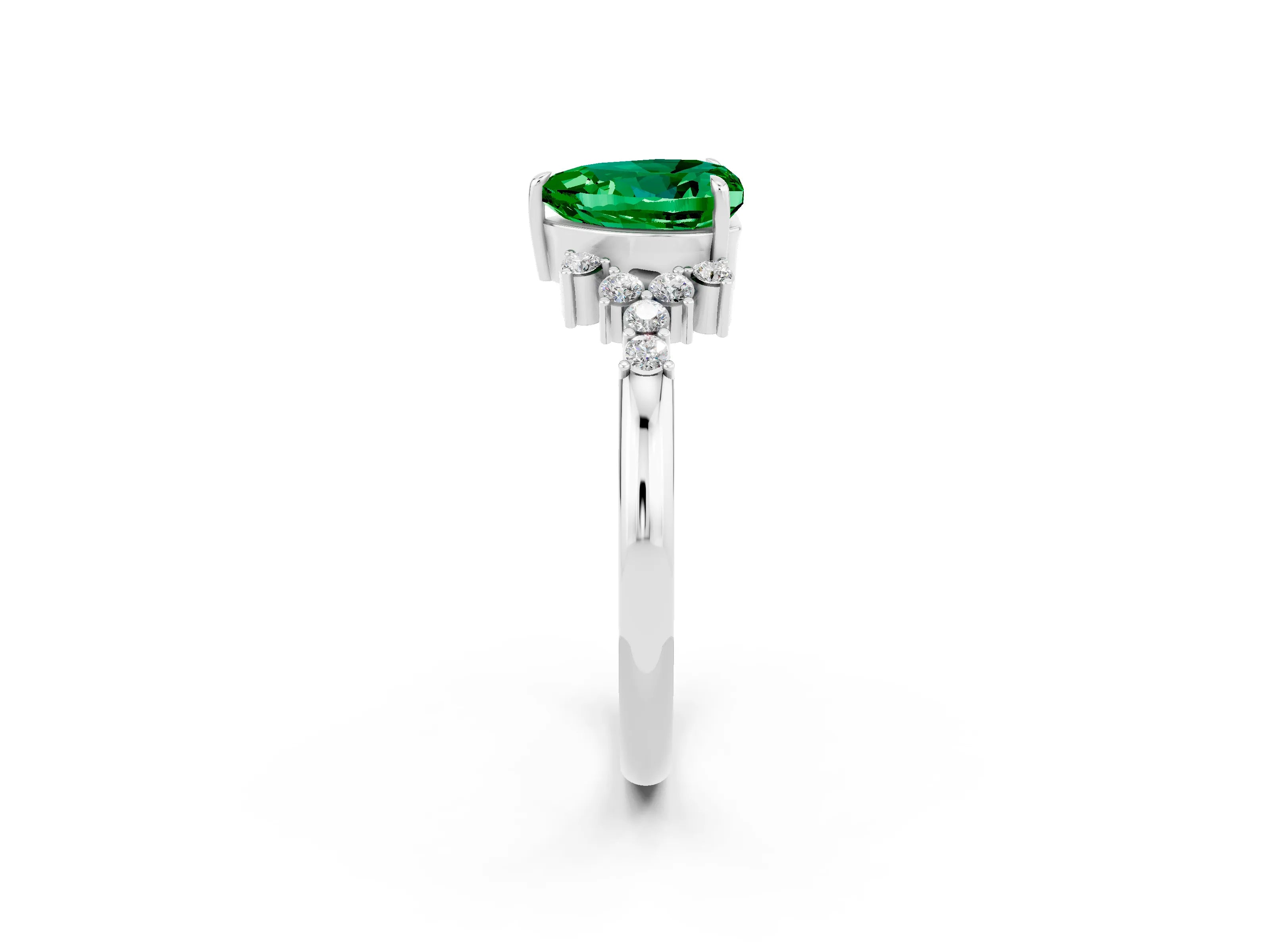 White gold Heart Cut Emerald Ring with Side Stones and Four-Prong Setting_38