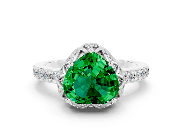 Silver Heart Cut Emerald Scalloped Halo Engagement Ring with Round Shared Prong Band