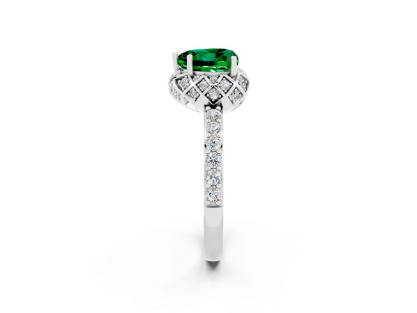 Platinum Heart Cut Emerald Scalloped Halo Engagement Ring with Round Shared Prong Band