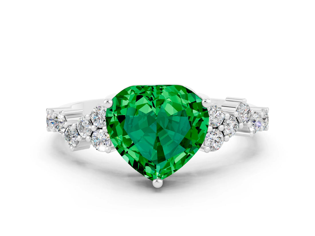 White gold Heart Cut Emerald Scattered Round Accent Ring with Prong Setting_24