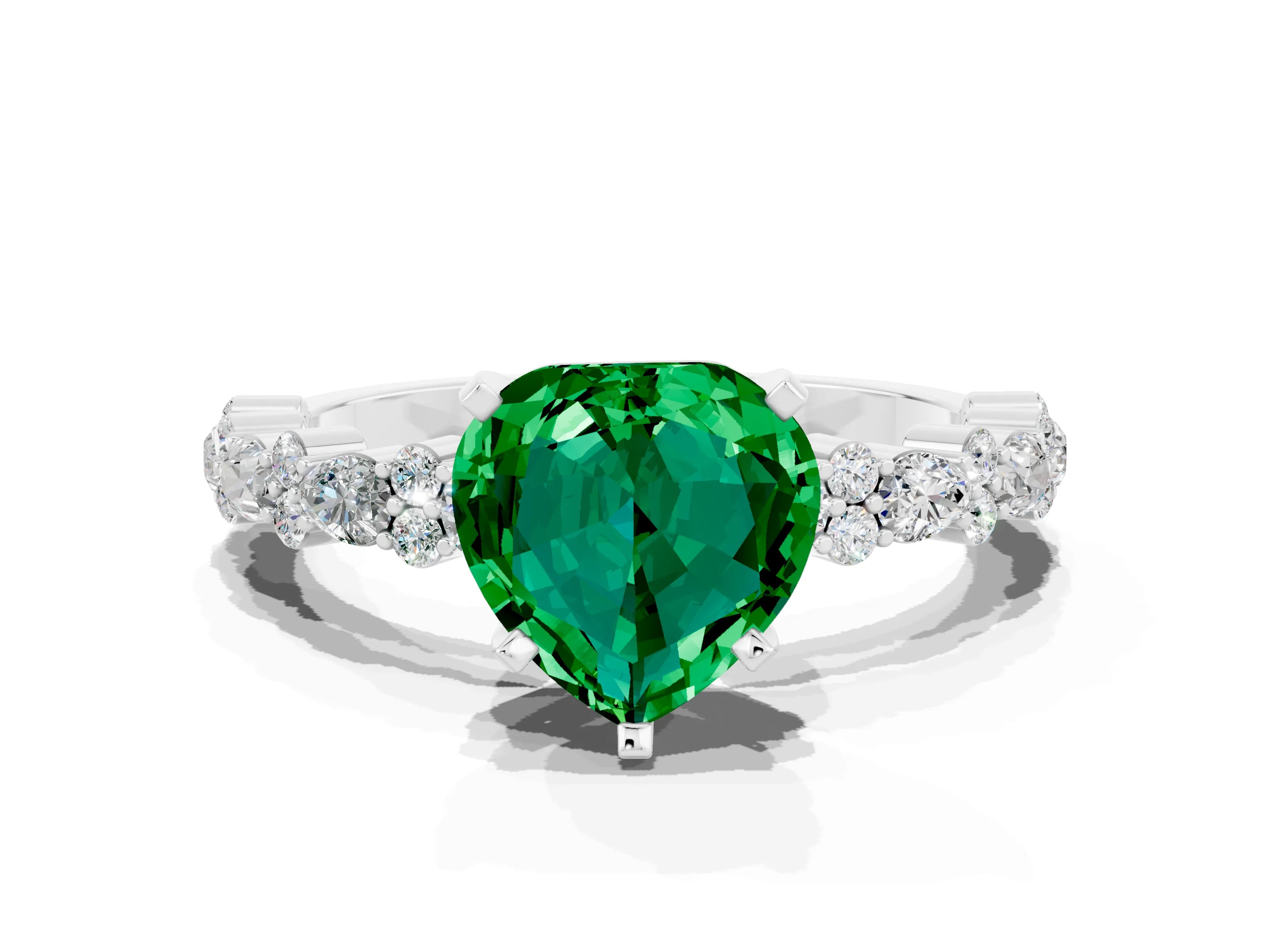 White gold Heart Cut Emerald Side Stone Solitaire Ring with Round  and Four-Prong Setting_48
