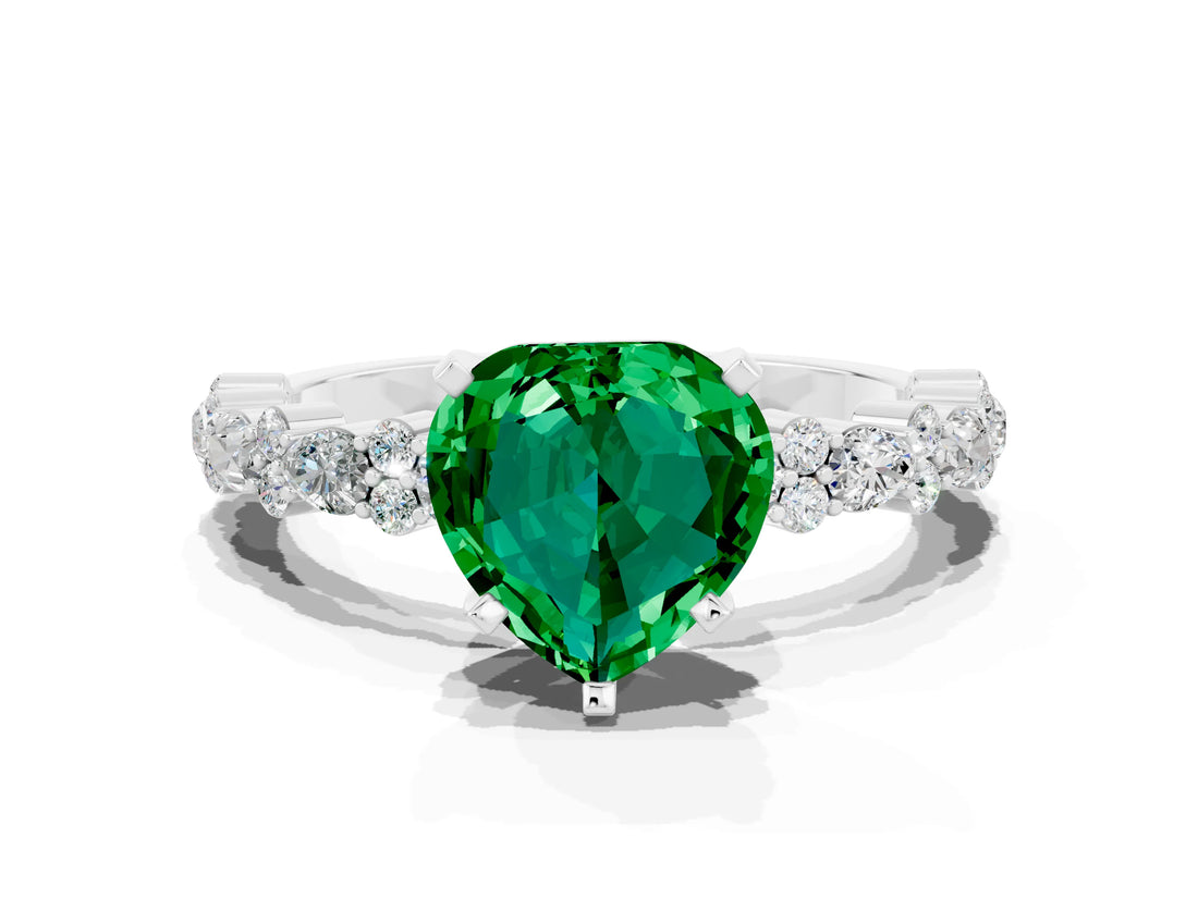 White gold Heart Cut Emerald Side Stone Solitaire Ring with Round  and Four-Prong Setting_48
