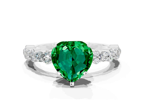 White gold Heart Cut Emerald Side Stone Solitaire Ring with Round  and Four-Prong Setting_48