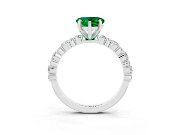 Silver Heart Cut Emerald Side Stone Solitaire Ring with Round  and Four-Prong Setting