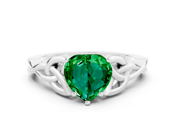 Platinum Heart Cut Emerald Solitaire Celtic Knot Ring with Four-Prong Setting