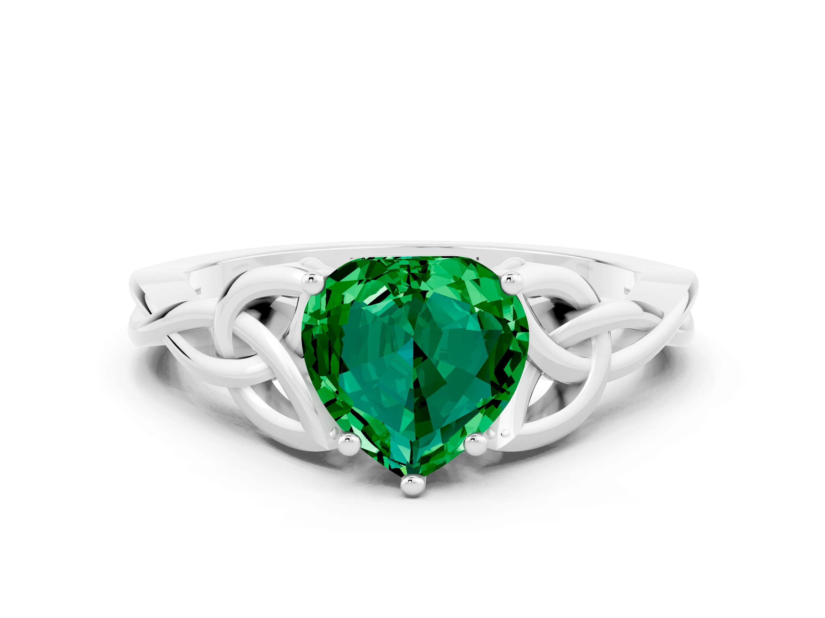 White gold Heart Cut Emerald Solitaire Celtic Knot Ring with Four-Prong Setting_12