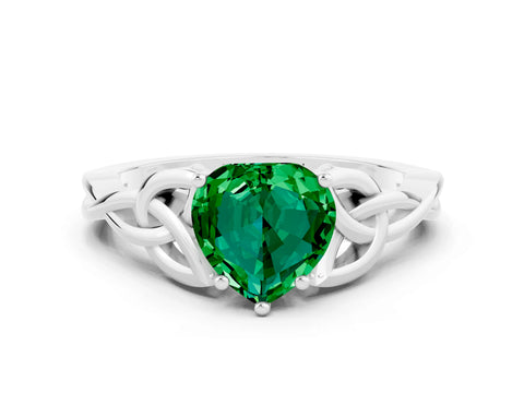 White gold Heart Cut Emerald Solitaire Celtic Knot Ring with Four-Prong Setting_12