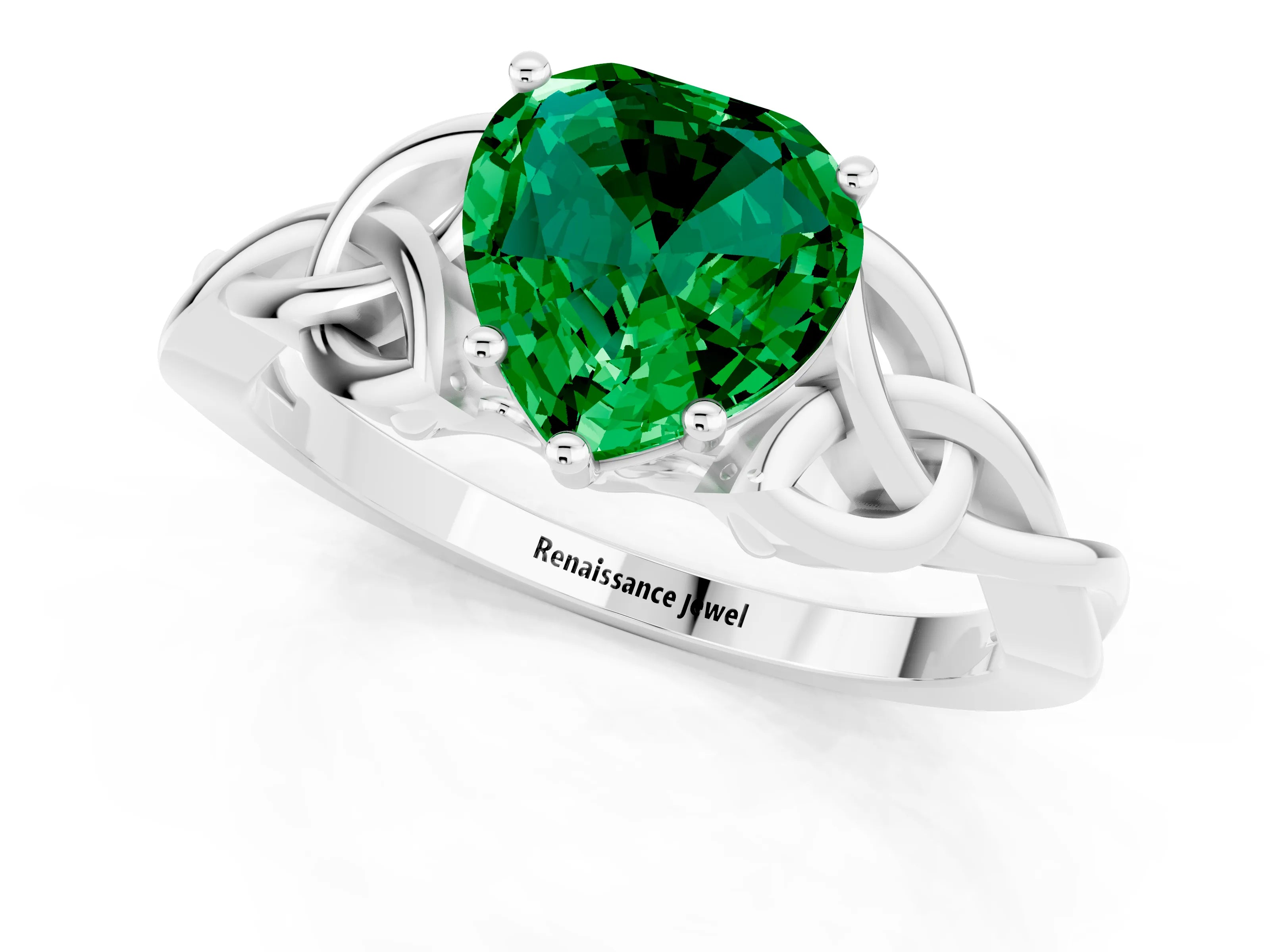White gold Heart Cut Emerald Solitaire Celtic Knot Ring with Four-Prong Setting_13
