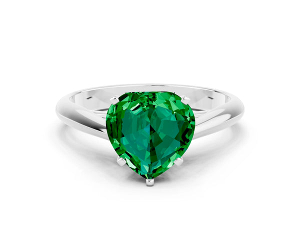 White gold Heart Cut Emerald Solitaire Engagement Ring with Cathedral Setting and Four-Prong Mount