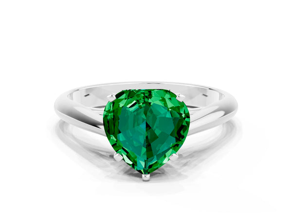 Platinum Heart Cut Emerald Solitaire Engagement Ring with Cathedral Setting and Four-Prong Mount