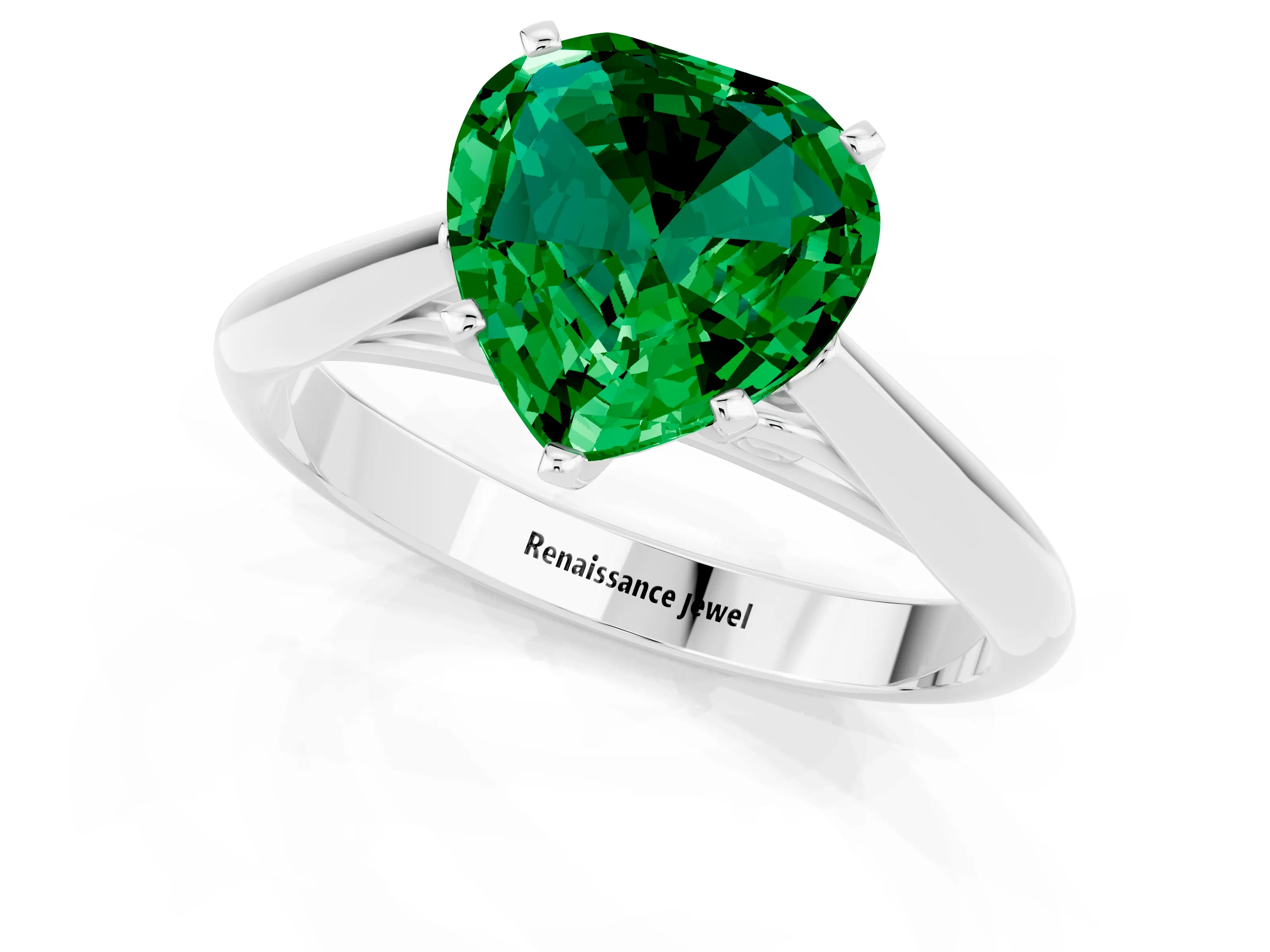 White gold Heart Cut Emerald Solitaire Engagement Ring with Cathedral Setting and Four-Prong Mount_13