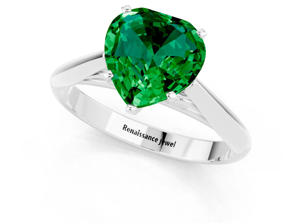 Silver Heart Cut Emerald Solitaire Engagement Ring with Cathedral Setting and Four-Prong Mount