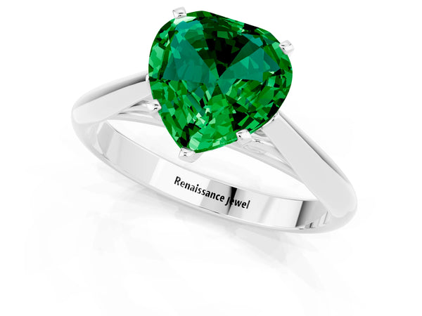 White gold Heart Cut Emerald Solitaire Engagement Ring with Cathedral Setting and Four-Prong Mount