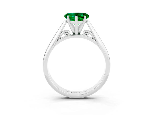 White gold Heart Cut Emerald Solitaire Engagement Ring with Cathedral Setting and Four-Prong Mount