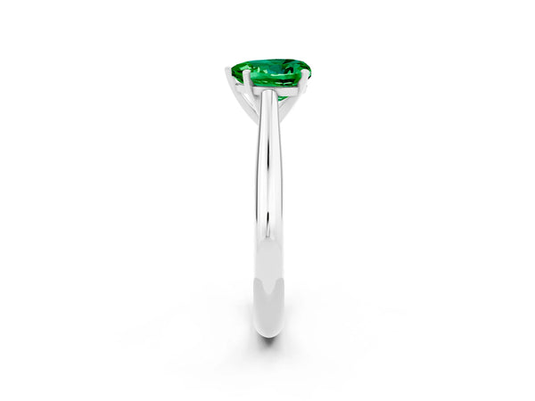 Silver Heart Cut Emerald Solitaire Engagement Ring with Cathedral Setting and Four-Prong Mount