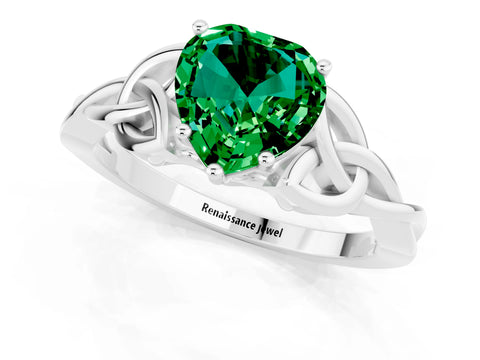 White gold Heart Cut Emerald Solitaire Engagement Ring with Celtic Knot Band and Four-Prong Setting_1