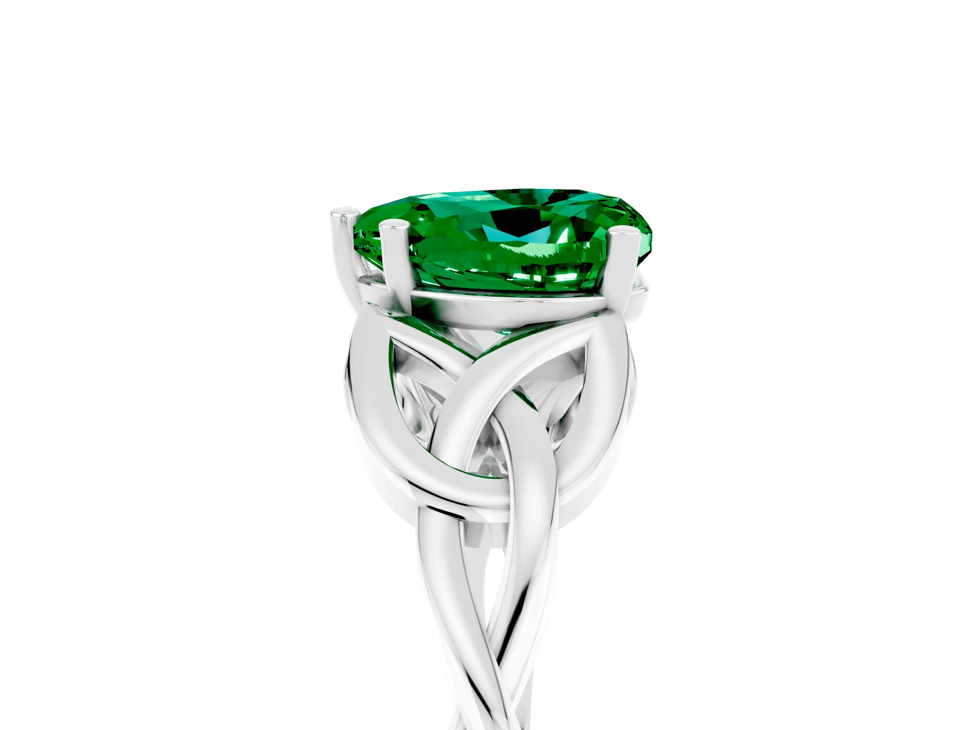 White gold Heart Cut Emerald Solitaire Engagement Ring with Celtic Knot Band and Four-Prong Setting_5