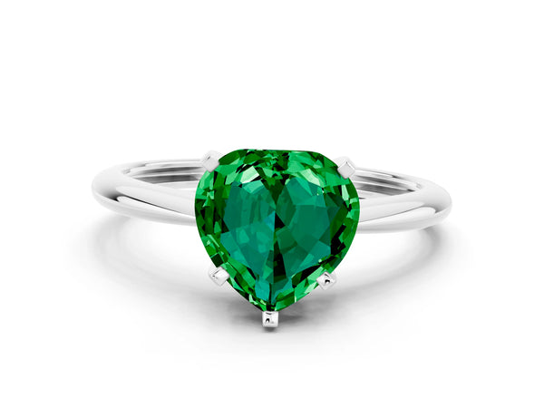 White gold Heart Cut Emerald Solitaire Engagement Ring with Classic Band and Four-Prong Setting