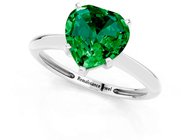 White gold Heart Cut Emerald Solitaire Engagement Ring with Classic Band and Four-Prong Setting