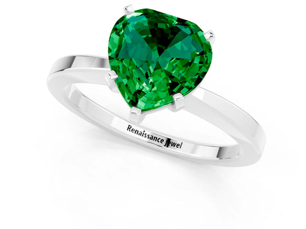 Platinum Heart Cut Emerald Solitaire Engagement Ring with Classic Band and Four-Prong Setting