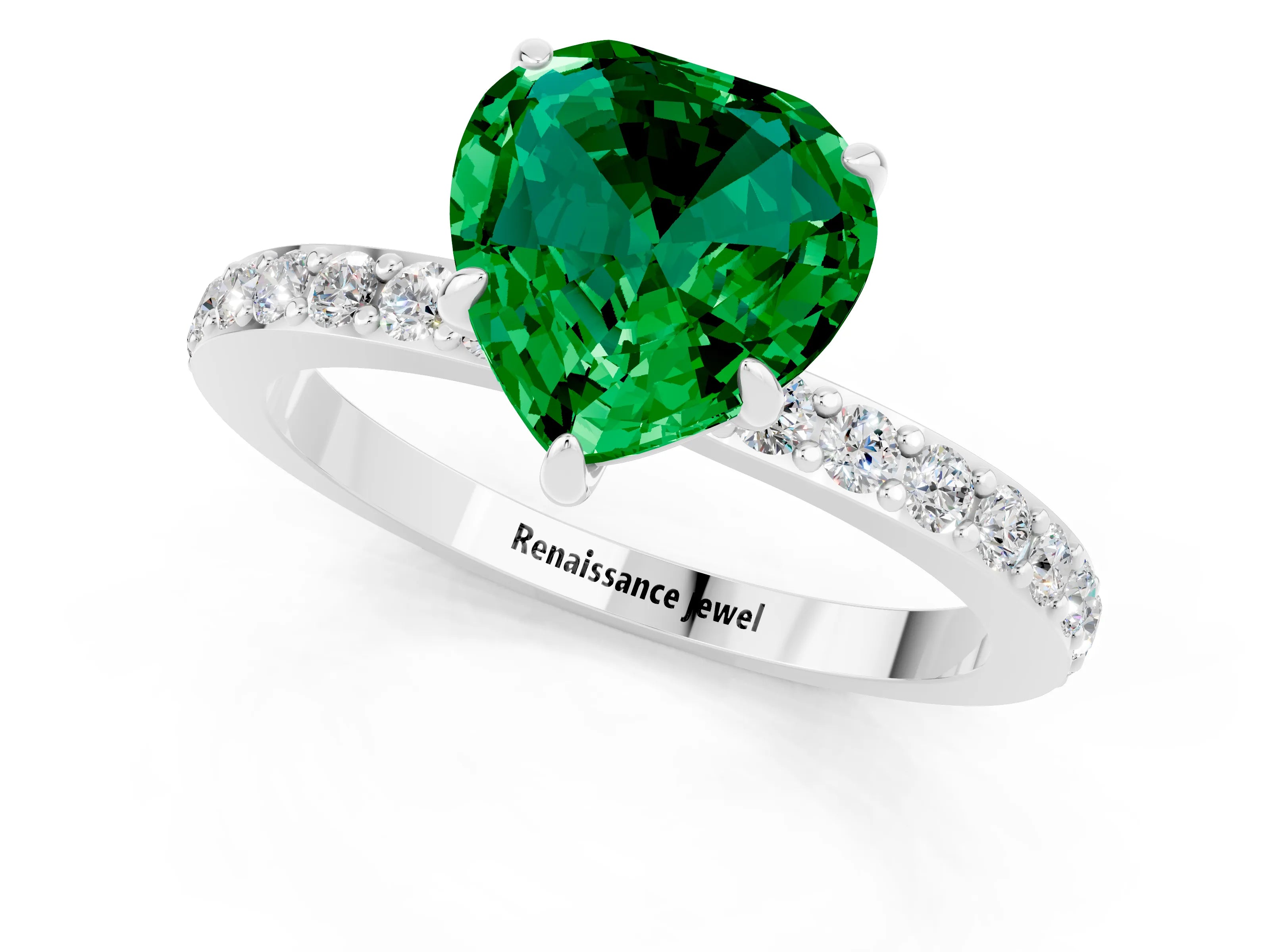 White gold Heart Cut Emerald Solitaire Engagement Ring with Pavé Band and Four-Prong Setting_1