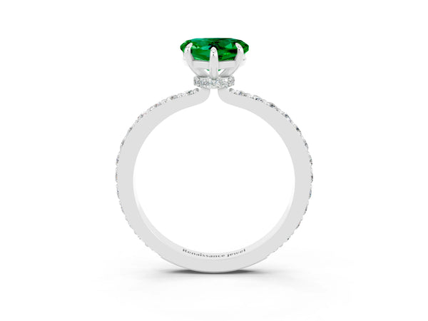 Silver Heart Cut Emerald Solitaire Engagement Ring with Pavé Band and Four-Prong Setting