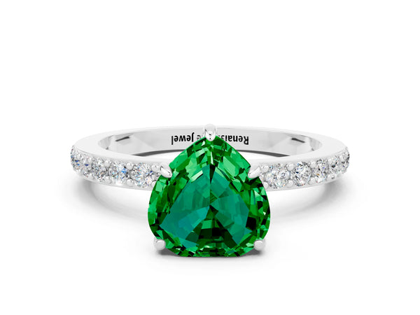 Silver Heart Cut Emerald Solitaire Engagement Ring with Pavé Band and Four-Prong Setting