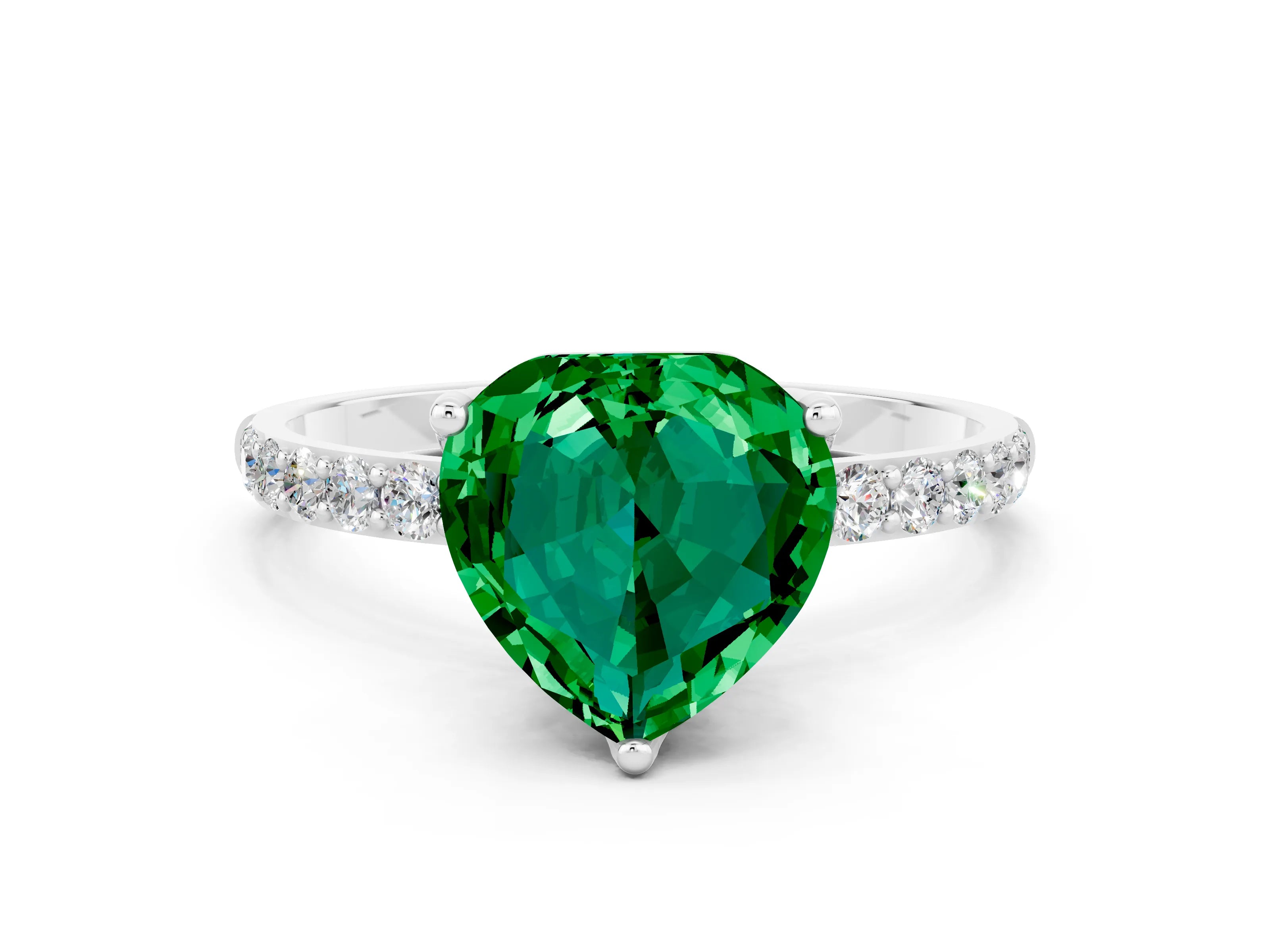 White gold Heart Cut Emerald Solitaire Engagement Ring with Pavé Band and Prong Setting