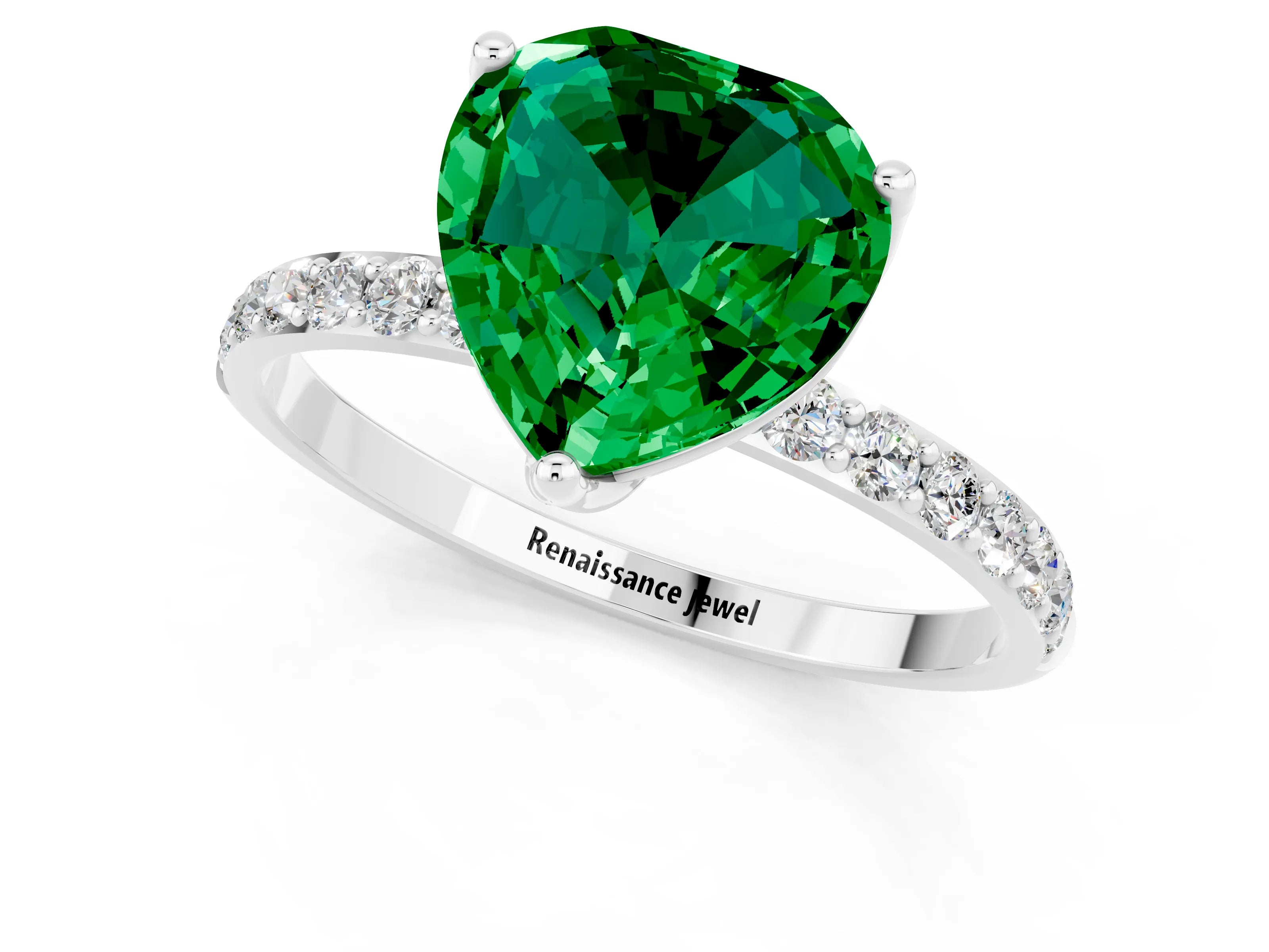 White gold Heart Cut Emerald Solitaire Engagement Ring with Pavé Band and Prong Setting_1