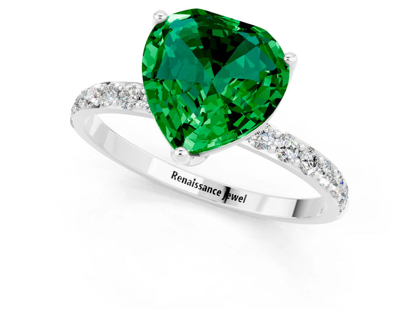 Silver Heart Cut Emerald Solitaire Engagement Ring with Round  Pavé Band and Prong Setting