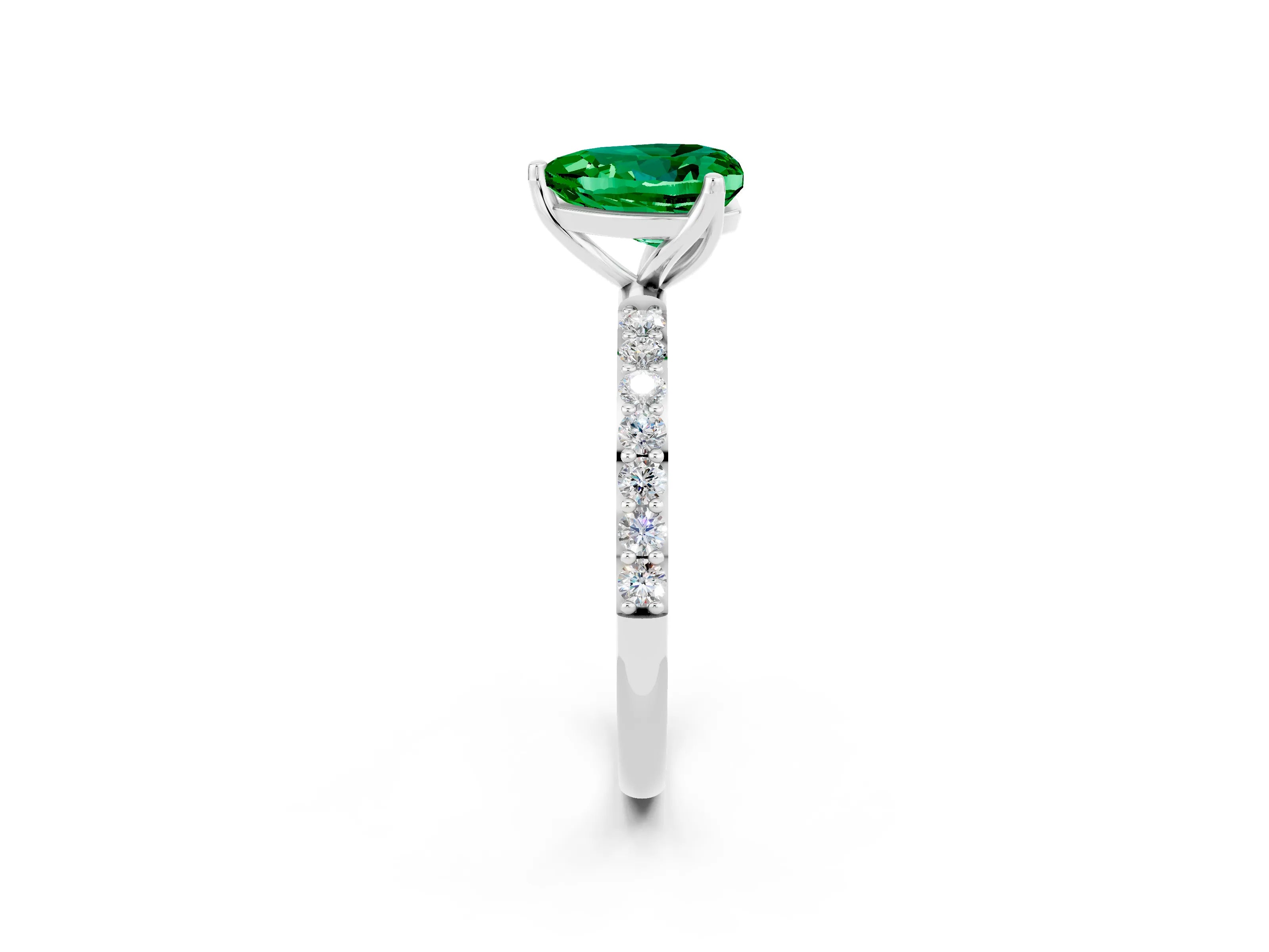 White gold Heart Cut Emerald Solitaire Engagement Ring with Pavé Band and Prong Setting_2