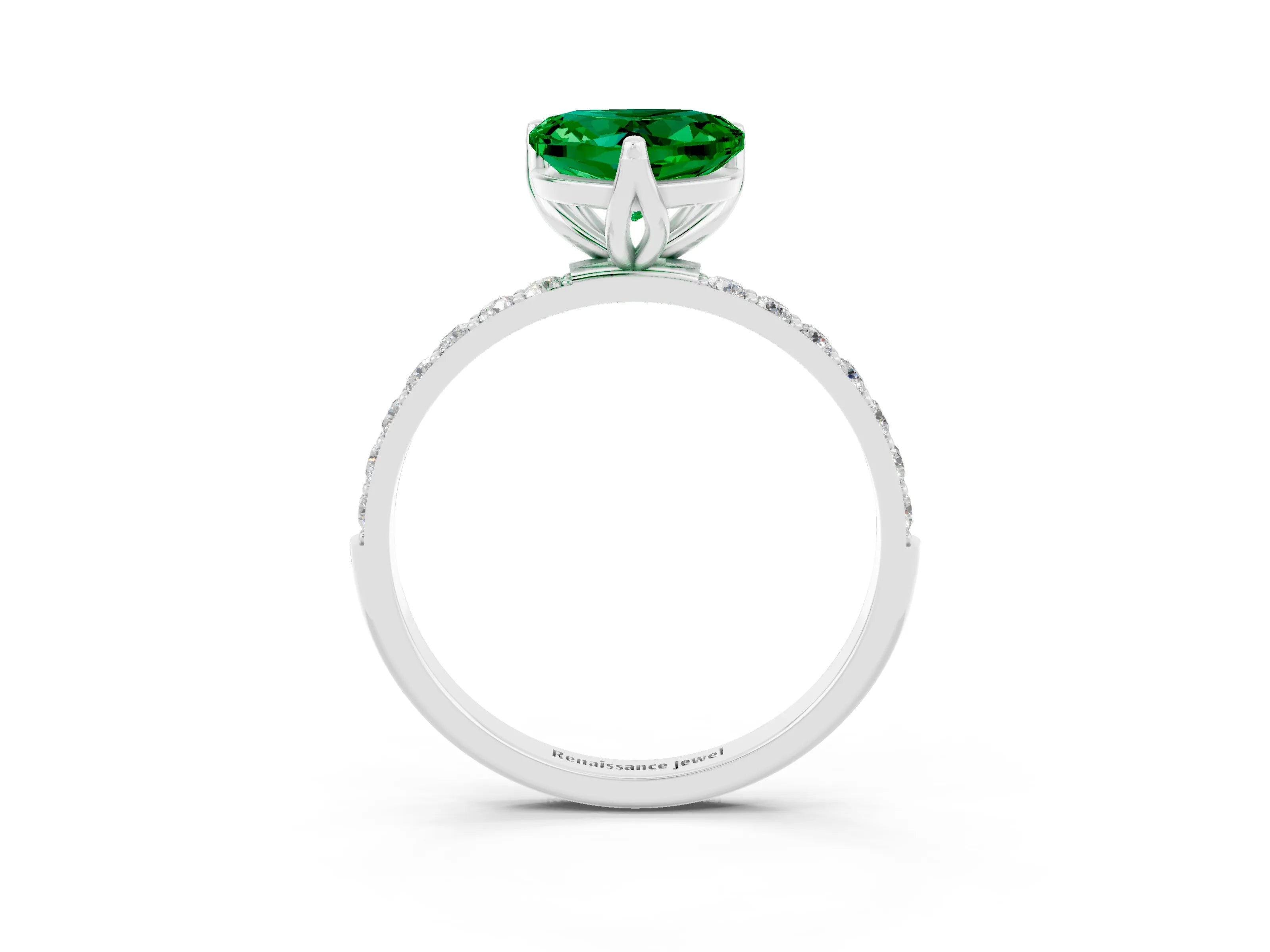 White gold Heart Cut Emerald Solitaire Engagement Ring with Pavé Band and Prong Setting_3