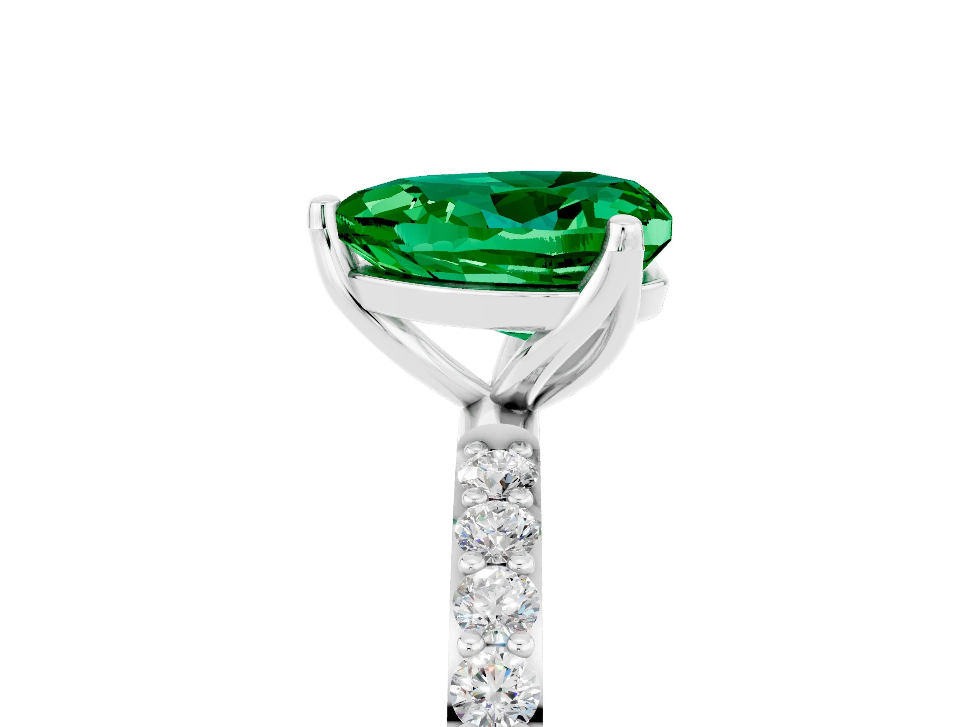White gold Heart Cut Emerald Solitaire Engagement Ring with Pavé Band and Prong Setting_5