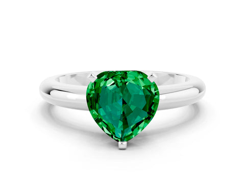White gold Heart Cut Emerald Solitaire Engagement Ring with Round Band and Four-Prong Setting