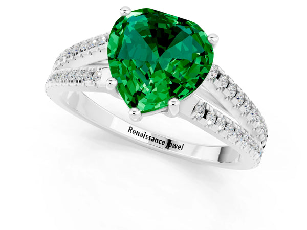 White gold Heart Cut Emerald Solitaire Engagement Ring with Split Shank Pavé Band