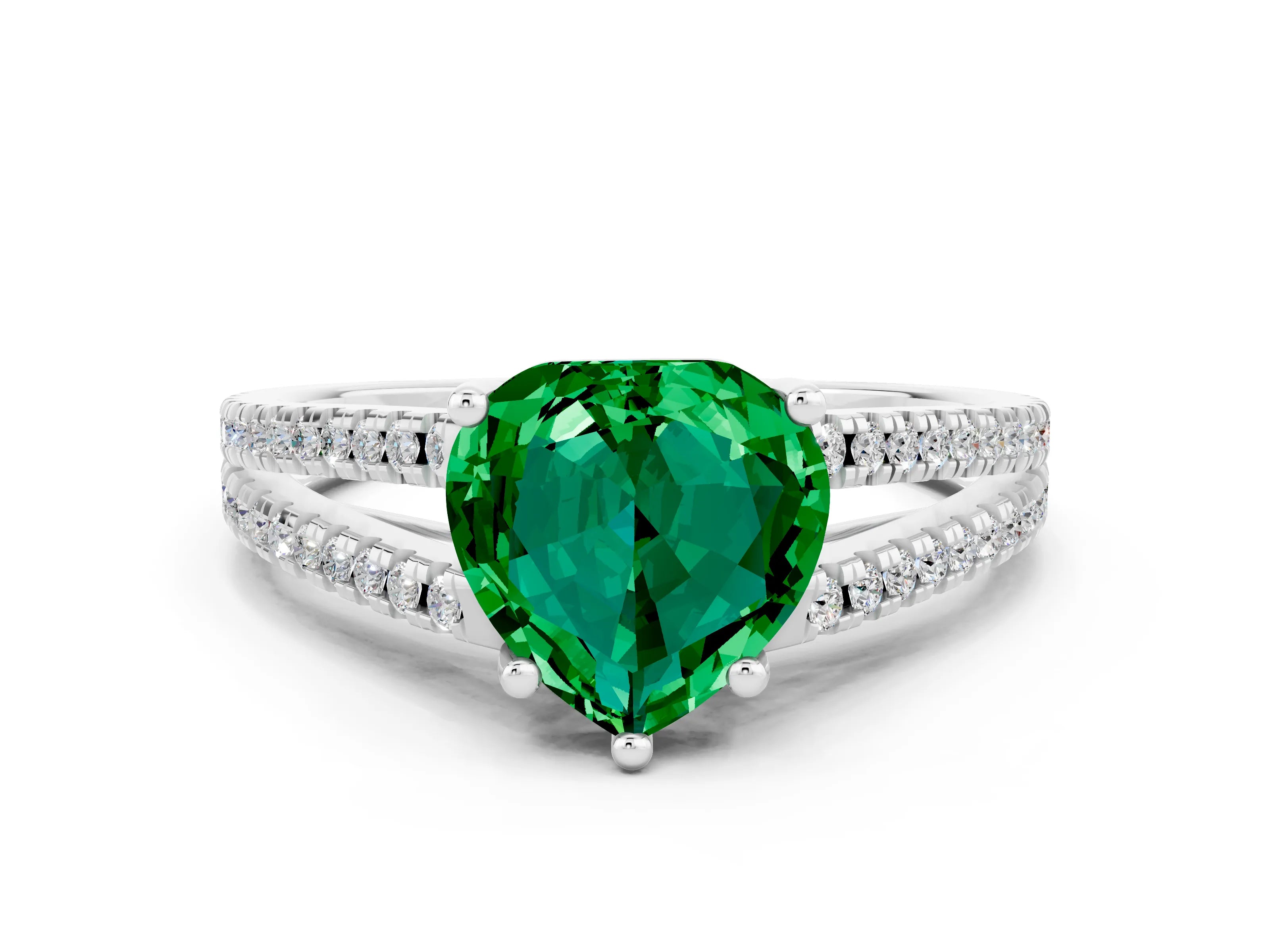 White gold Heart Cut Emerald Solitaire Engagement Ring with Split Shank Pavé Band
