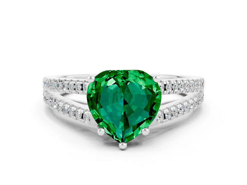 White gold Heart Cut Emerald Solitaire Engagement Ring with Split Shank Pavé Band