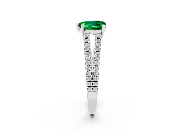Silver Heart Cut Emerald Solitaire Engagement Ring with Split Shank Pavé Band