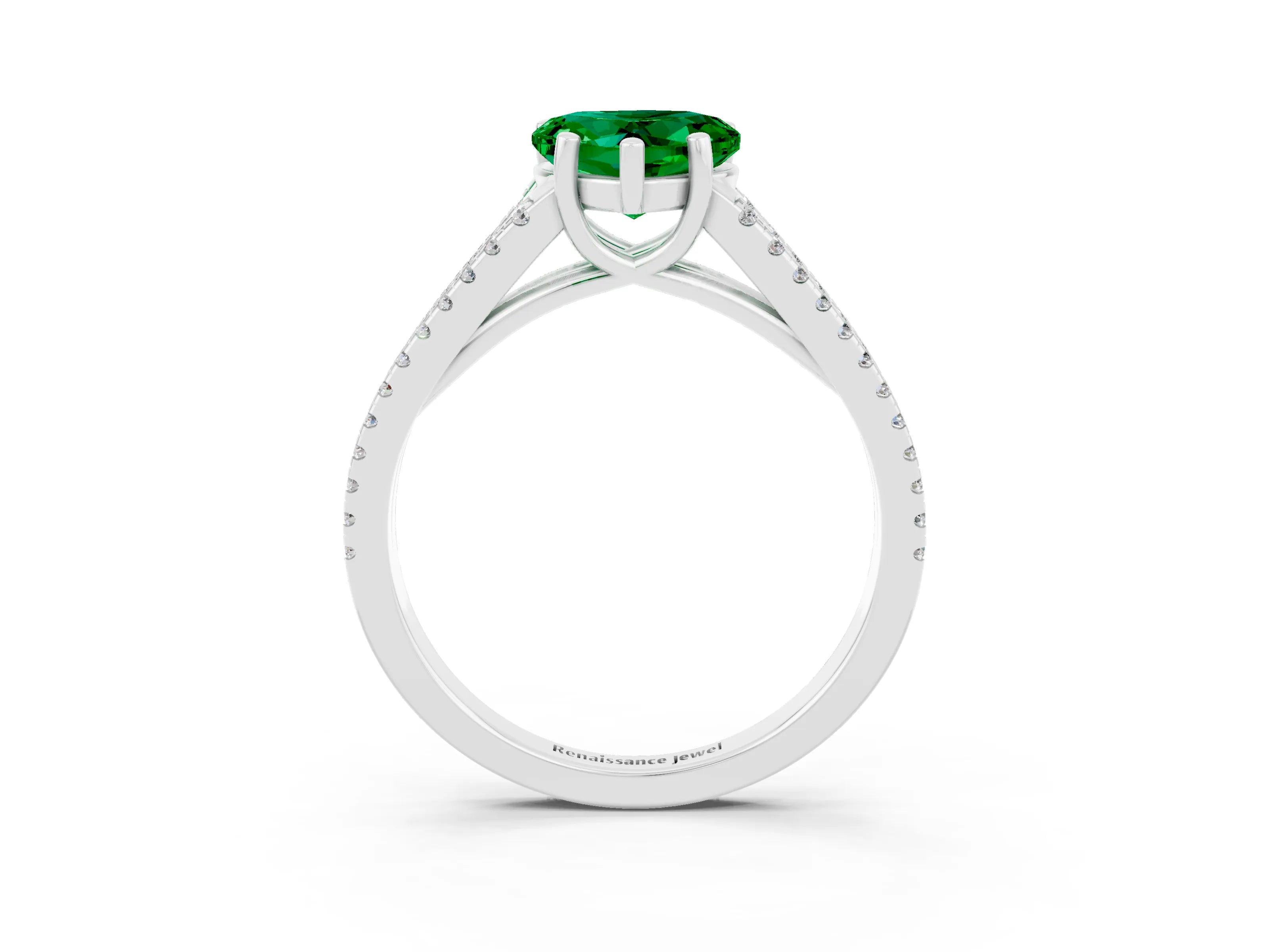 White gold Heart Cut Emerald Solitaire Engagement Ring with Split Shank Pavé Band_3