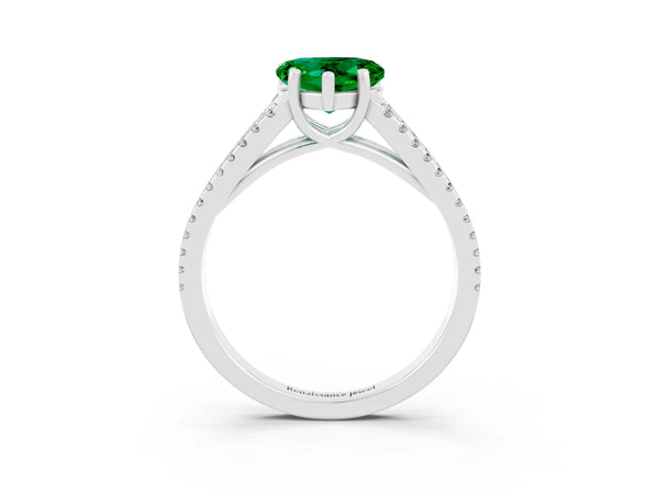 White gold Heart Cut Emerald Solitaire Engagement Ring with Split Shank Pavé Band