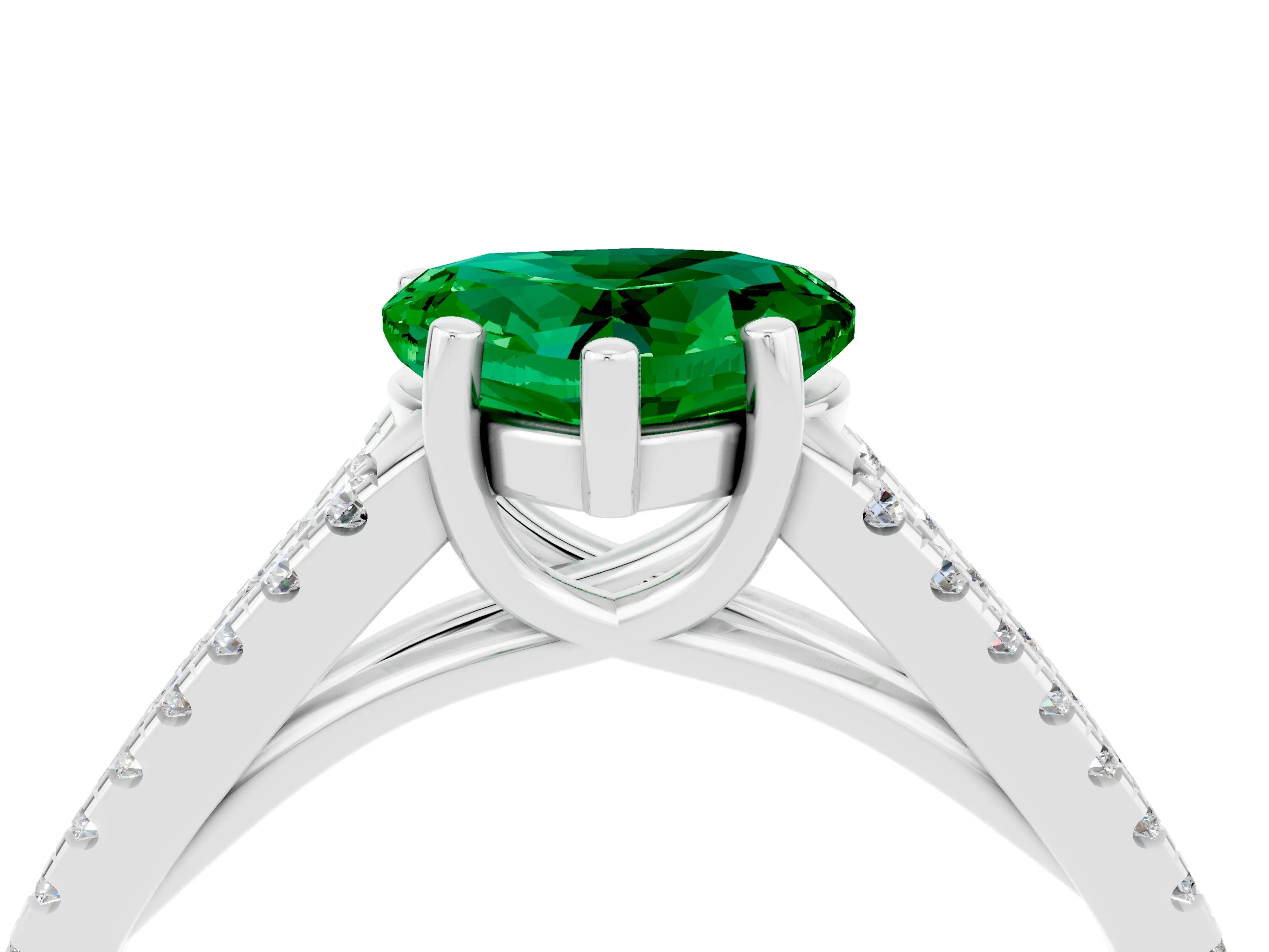 White gold Heart Cut Emerald Solitaire Engagement Ring with Split Shank Pavé Band_4