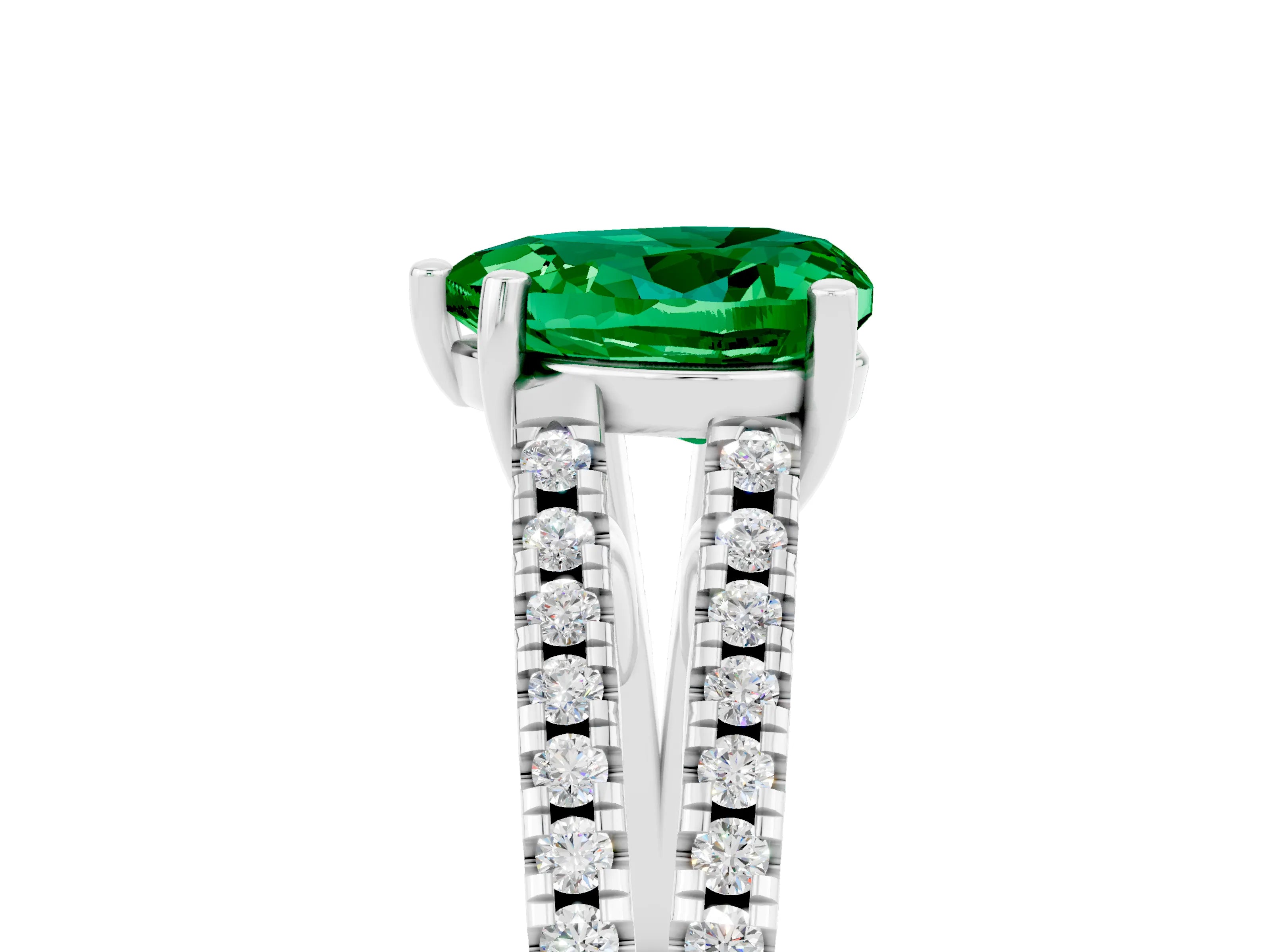 White gold Heart Cut Emerald Solitaire Engagement Ring with Split Shank Pavé Band_5