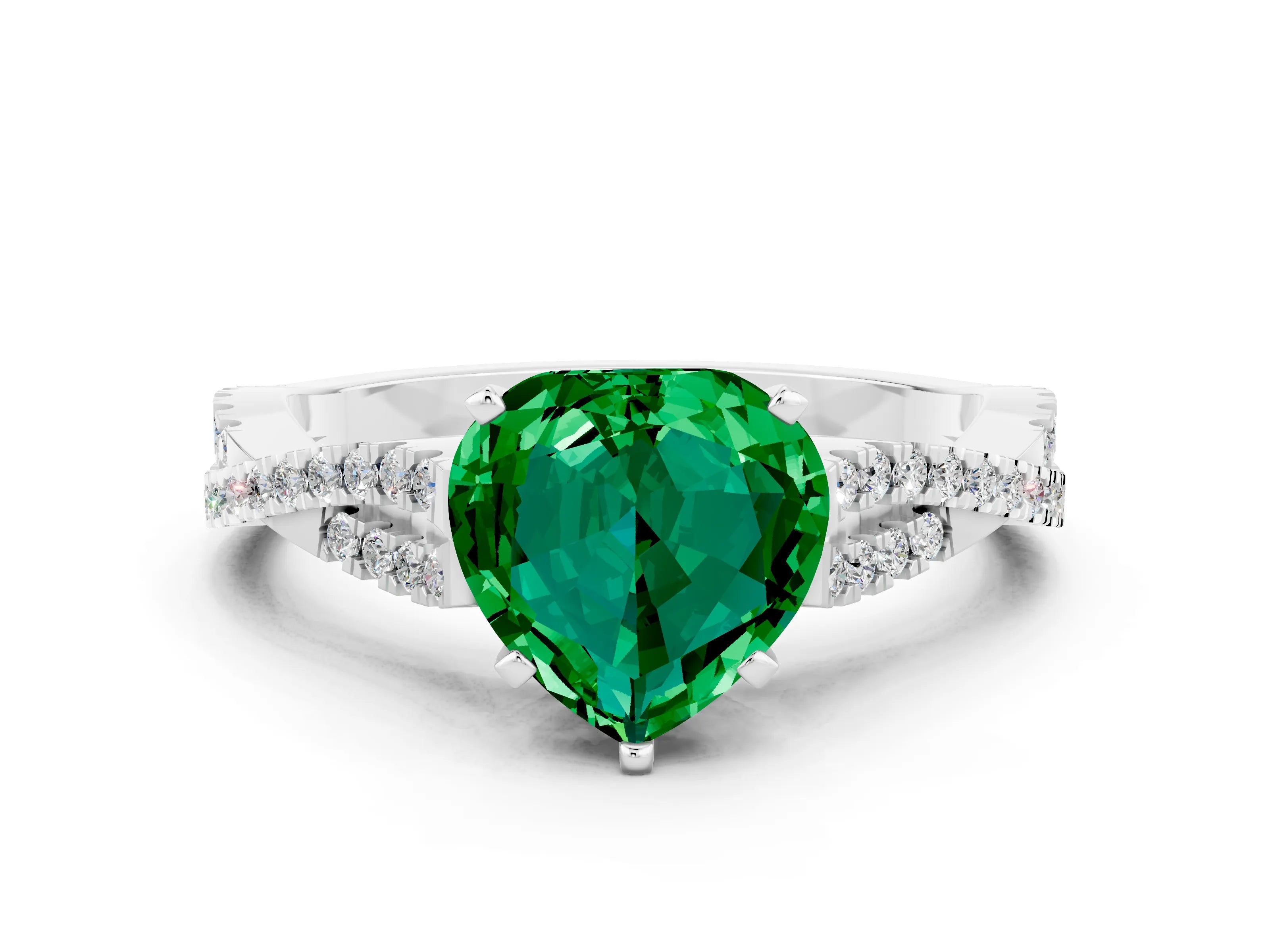 White gold Heart Cut Emerald Solitaire Engagement Ring with Twisted Pavé Band and Four-Prong Setting_12