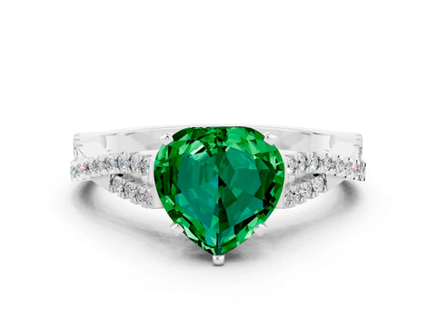White gold Heart Cut Emerald Solitaire Engagement Ring with Twisted Pavé Band and Four-Prong Setting_12