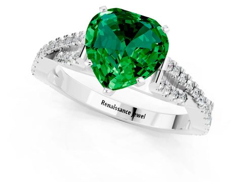 White gold Heart Cut Emerald Solitaire Engagement Ring with Twisted Pavé Band and Four-Prong Setting_13