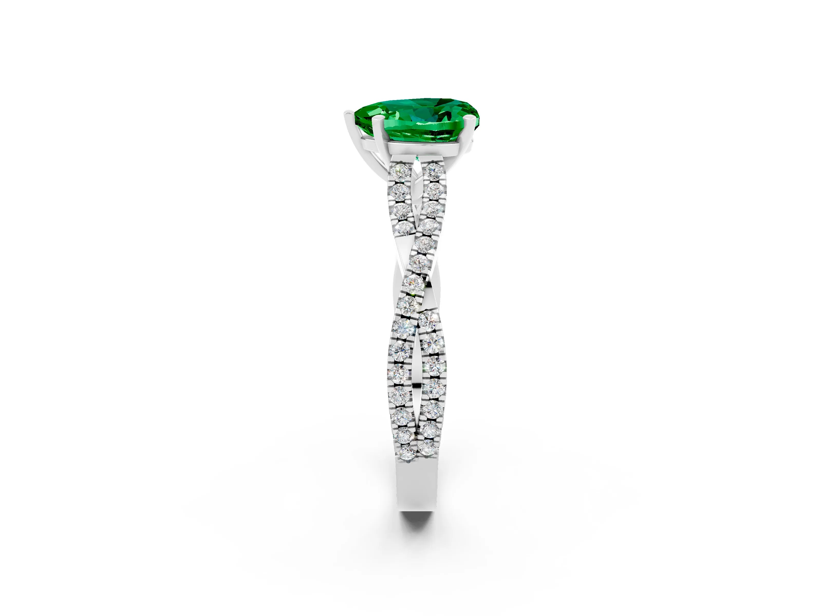 White gold Heart Cut Emerald Solitaire Engagement Ring with Twisted Pavé Band and Four-Prong Setting_14
