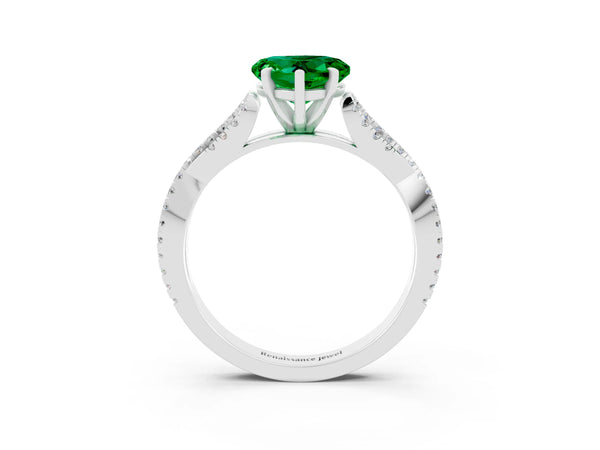 Silver Heart Cut Emerald Solitaire Engagement Ring with Twisted Pavé Band and Four-Prong Setting