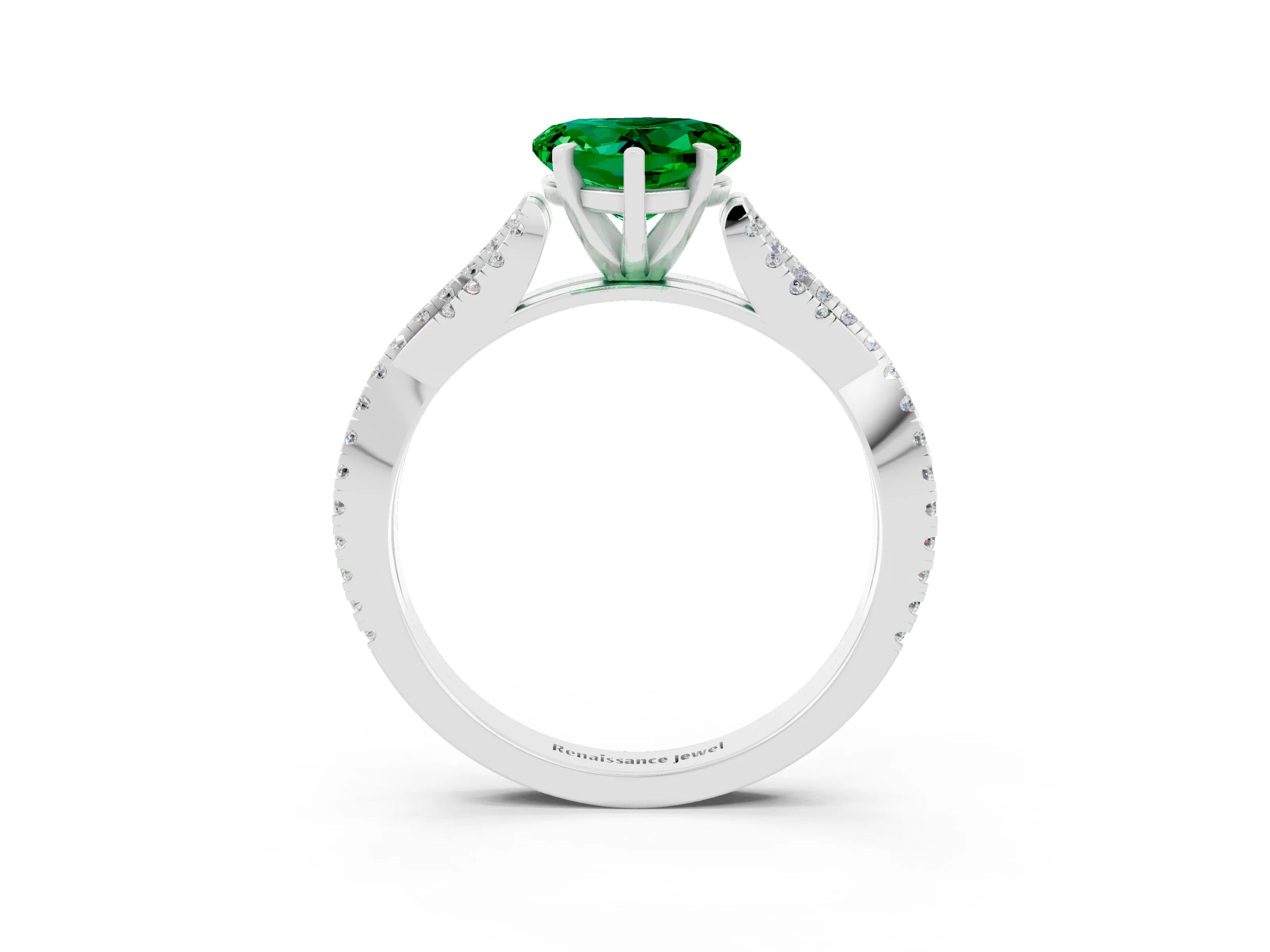 White gold Heart Cut Emerald Solitaire Engagement Ring with Twisted Pavé Band and Four-Prong Setting_15