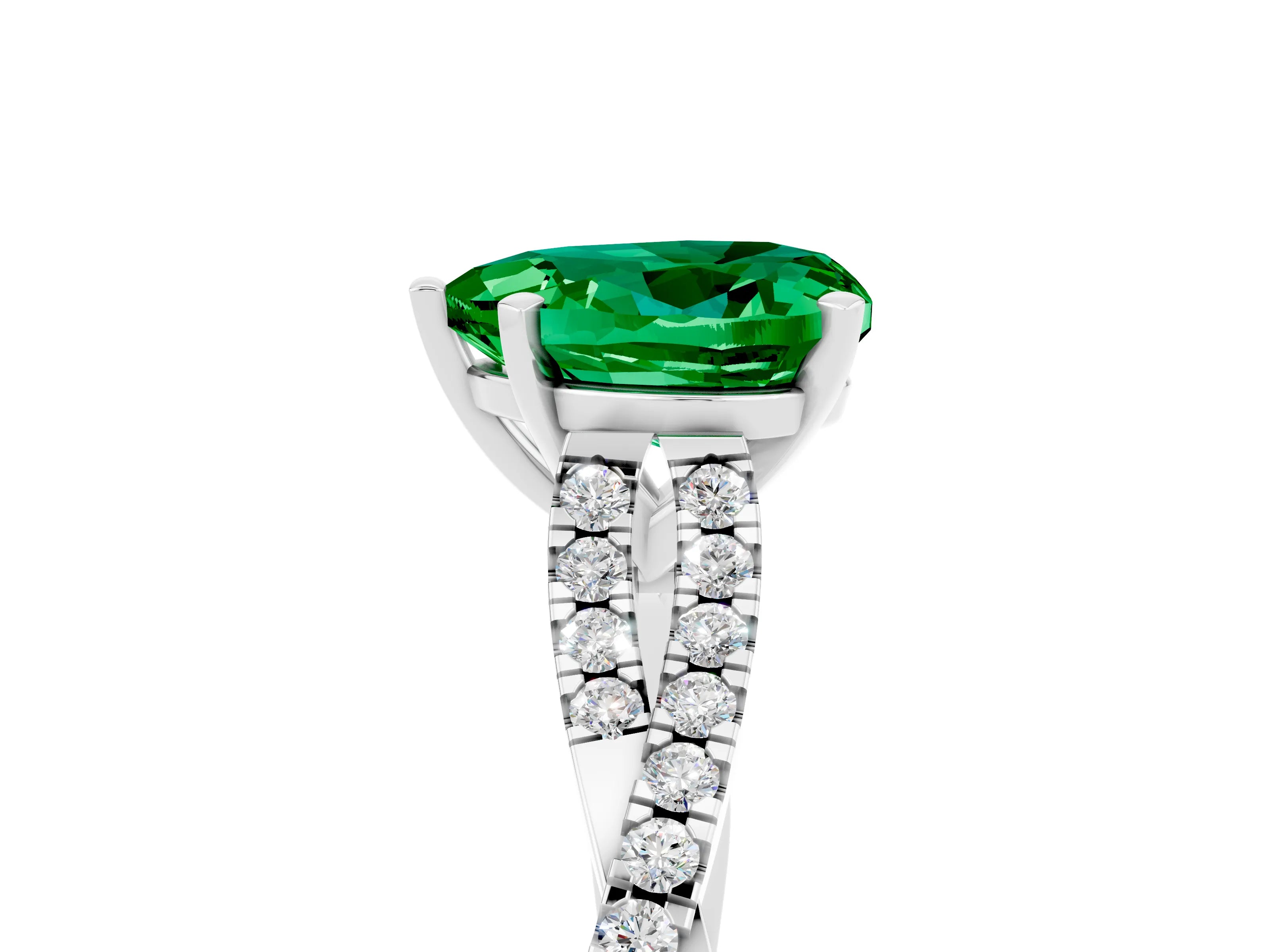 White gold Heart Cut Emerald Solitaire Engagement Ring with Twisted Pavé Band and Four-Prong Setting_17